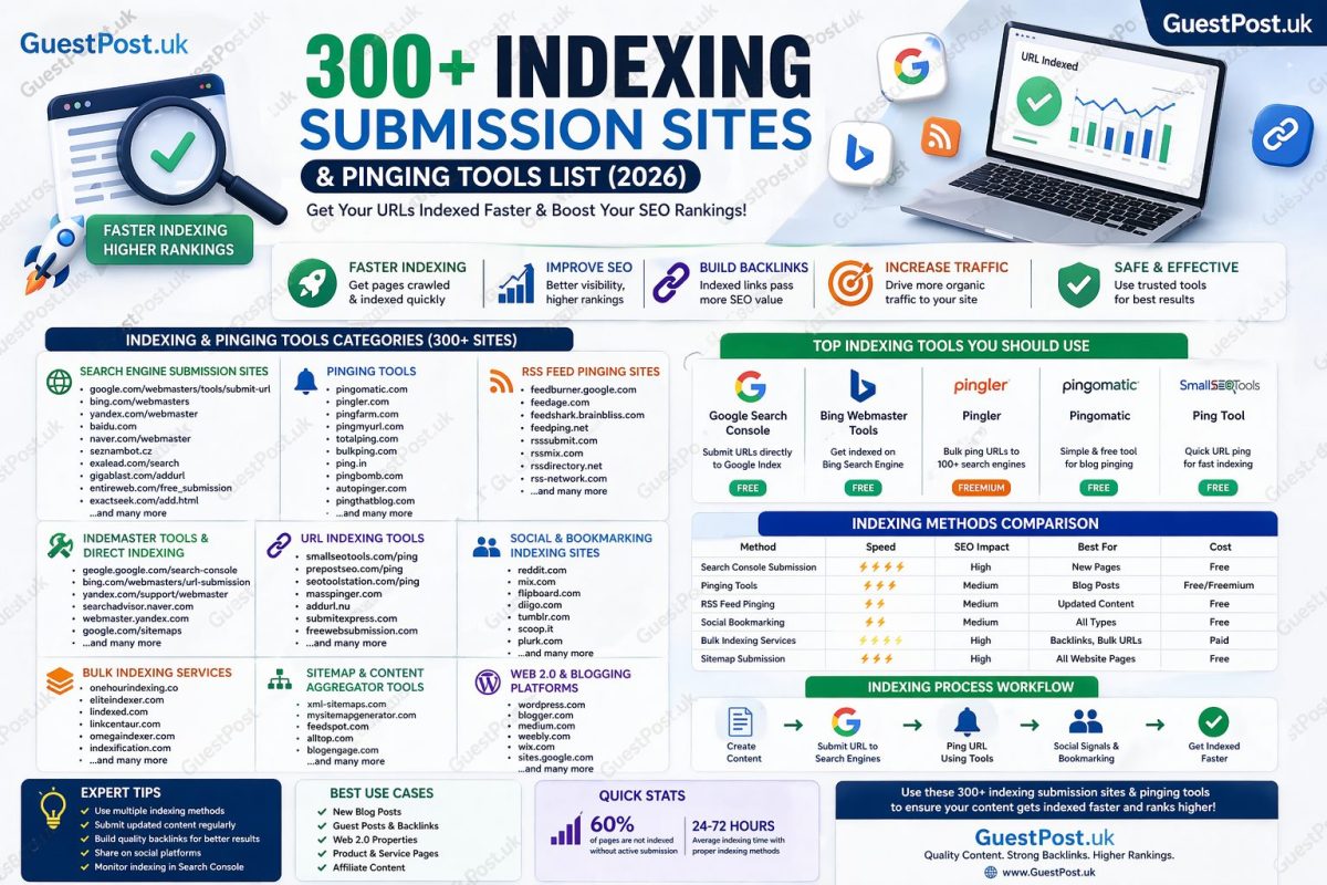 Indexing Submission Sites & Pinging Tools List (2026) – 150+ Free Indexing Services for Faster SEO Results